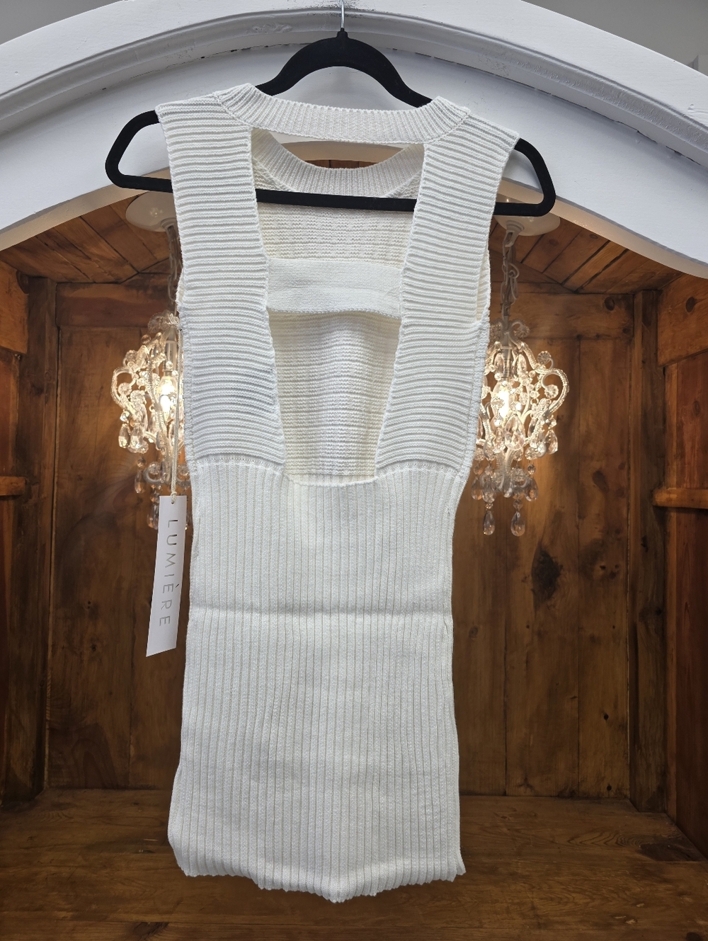 LUMIERE White 100% Cotton Knit Mini Dress Open Back Sleeveless Bodycon Textured - Picture 8 of 10
